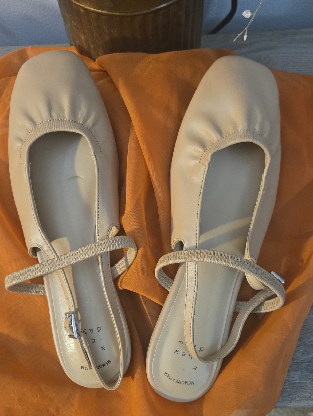 Neutral Beige Memory Foam Ballet Flats with Elastic Strap